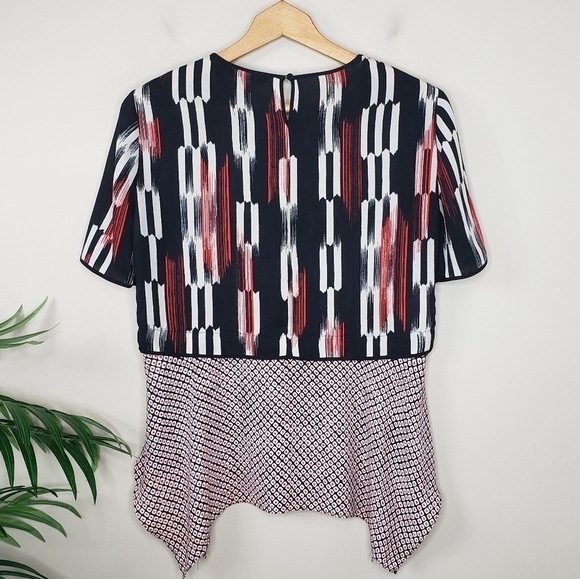 BCBGMaxAzria | Kacy Red Black Print Block Geometric Mixed Print Layered Blouse - Picture 4 of 9